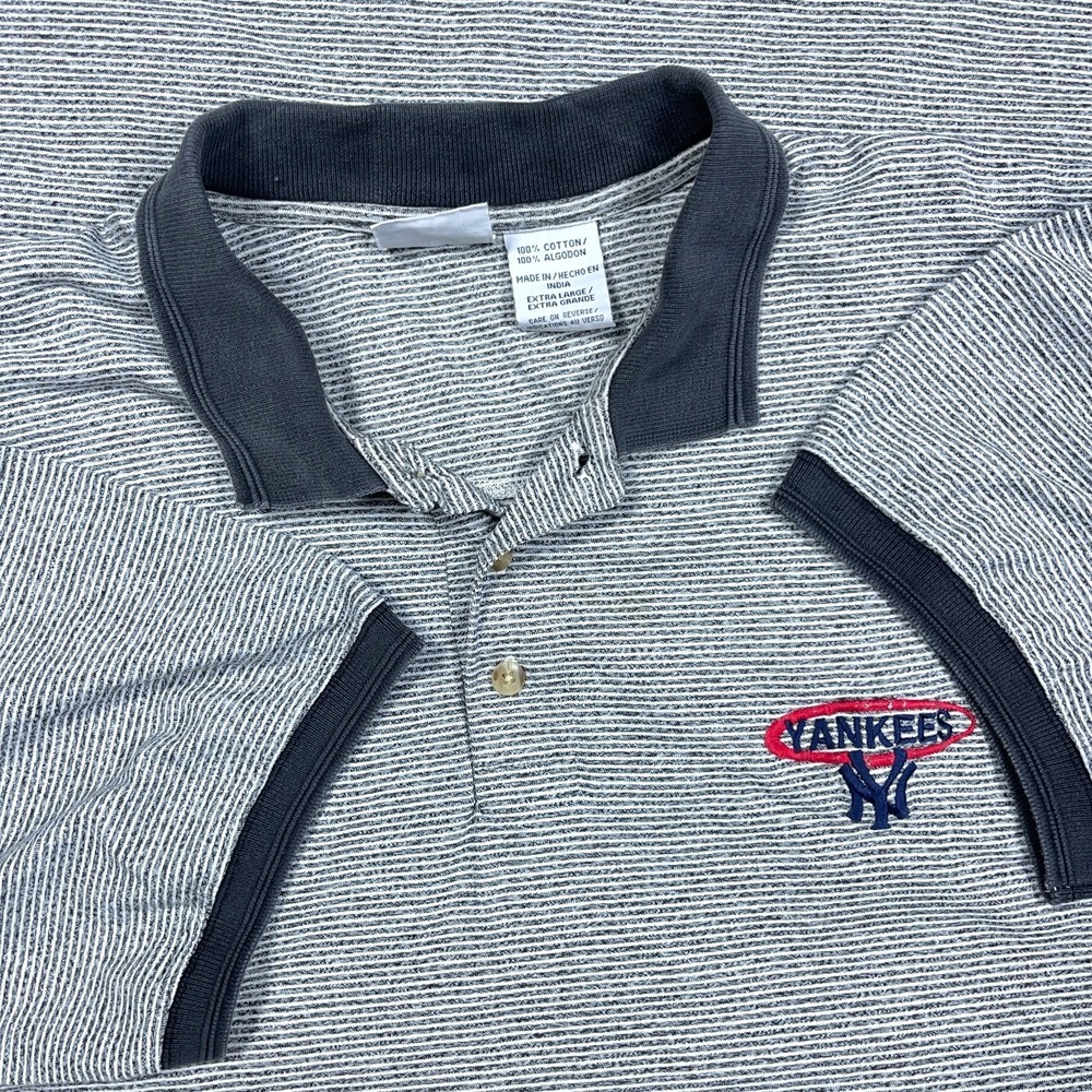 Vintage New York Yankees Rugby Polo Shirt Men XL Gray Black Striped 90s Y2K Fade